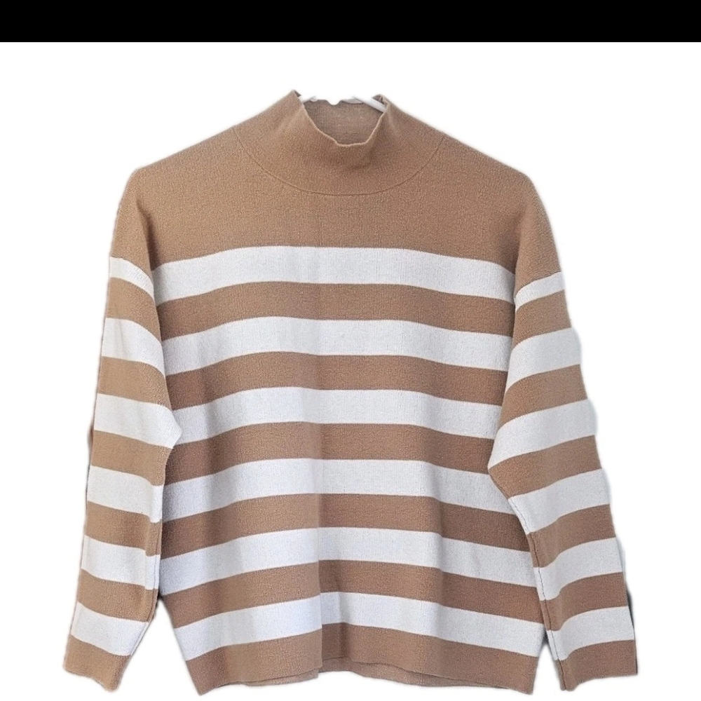 Elie Tahari Beige White Striped Mock Neck Knit Pullover Sweater Long Sleeve M